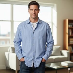 Van Heusen Blue & White Striped Dress Shirt Size 16-16.5